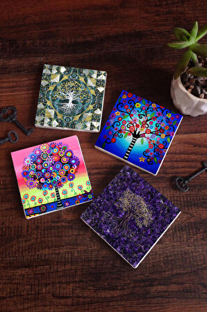 Hayat Ağacı Taş Bardak Altlığı Masaüstü Koruyucu Altlık 4 Parça Set 10x10cm Stone Coasters