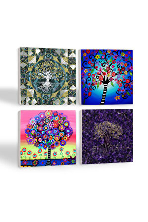 Hayat Ağacı Taş Bardak Altlığı Masaüstü Koruyucu Altlık 4 Parça Set 10x10cm Stone Coasters