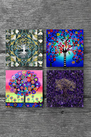 Hayat Ağacı Taş Bardak Altlığı Masaüstü Koruyucu Altlık 4 Parça Set 10x10cm Stone Coasters
