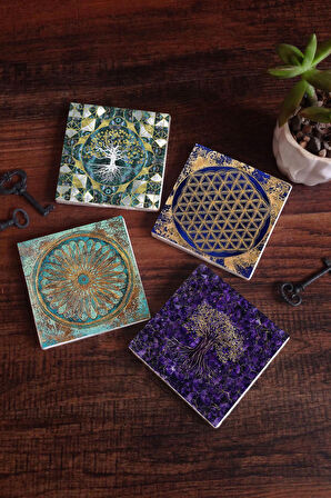 Hayat Ağacı, Yaşam Çiçeği Taş Bardak Altlığı Masaüstü Koruyucu Altlık 4 Parça Set 10x10cm Stone Coasters