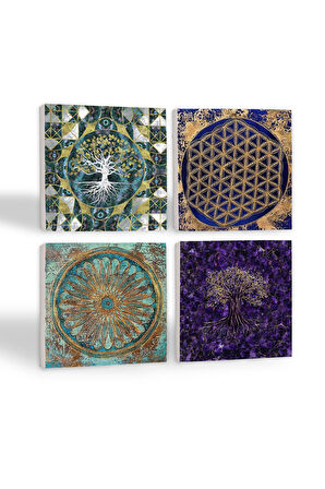 Hayat Ağacı, Yaşam Çiçeği Taş Bardak Altlığı Masaüstü Koruyucu Altlık 4 Parça Set 10x10cm Stone Coasters