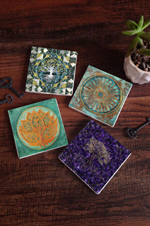 Hayat Ağacı, Lotus Çiçeği, Yaşam Çiçeği Taş Bardak Altlığı Masaüstü Koruyucu Altlık 4 Parça Set 10x10cm Stone Coasters