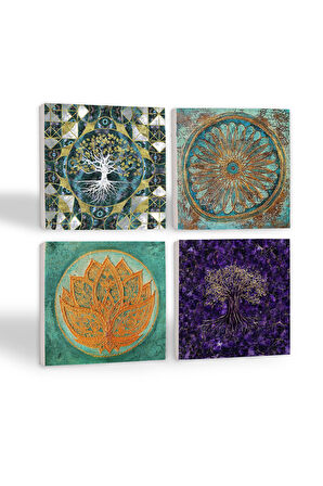 Hayat Ağacı, Lotus Çiçeği, Yaşam Çiçeği Taş Bardak Altlığı Masaüstü Koruyucu Altlık 4 Parça Set 10x10cm Stone Coasters