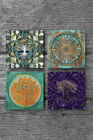 Hayat Ağacı, Lotus Çiçeği, Yaşam Çiçeği Taş Bardak Altlığı Masaüstü Koruyucu Altlık 4 Parça Set 10x10cm Stone Coasters