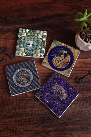 Hayat Ağacı, Nazar, Tavus Kuşu Taş Bardak Altlığı Masaüstü Koruyucu Altlık 4 Parça Set 10x10cm Stone Coasters