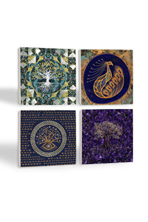 Hayat Ağacı, Nazar, Tavus Kuşu Taş Bardak Altlığı Masaüstü Koruyucu Altlık 4 Parça Set 10x10cm Stone Coasters