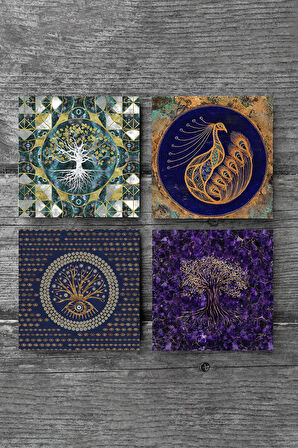 Hayat Ağacı, Nazar, Tavus Kuşu Taş Bardak Altlığı Masaüstü Koruyucu Altlık 4 Parça Set 10x10cm Stone Coasters