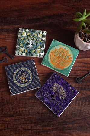 Hayat Ağacı, Nazar, Lotus Çiçeği Taş Bardak Altlığı Masaüstü Koruyucu Altlık 4 Parça Set 10x10cm Stone Coasters