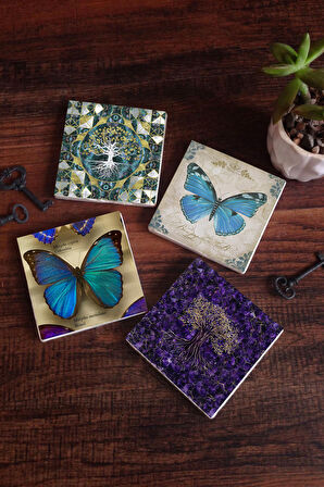 Hayat Ağacı, Kelebek Taş Bardak Altlığı Masaüstü Koruyucu Altlık 4 Parça Set 10x10cm Stone Coasters