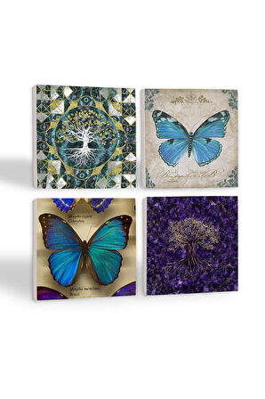 Hayat Ağacı, Kelebek Taş Bardak Altlığı Masaüstü Koruyucu Altlık 4 Parça Set 10x10cm Stone Coasters