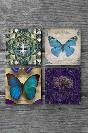 Hayat Ağacı, Kelebek Taş Bardak Altlığı Masaüstü Koruyucu Altlık 4 Parça Set 10x10cm Stone Coasters