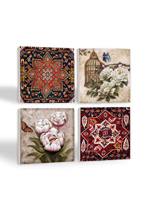Desen, Kelebekli Çiçek Taş Bardak Altlığı Masaüstü Koruyucu Altlık 4 Parça Set 10x10cm Stone Coasters