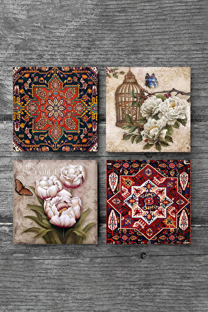Desen, Kelebekli Çiçek Taş Bardak Altlığı Masaüstü Koruyucu Altlık 4 Parça Set 10x10cm Stone Coasters