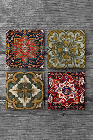 Desen Taş Bardak Altlığı Masaüstü Koruyucu Altlık 4 Parça Set 10x10cm Stone Coasters