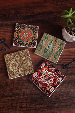 Vintage Desen Taş Bardak Altlığı Masaüstü Koruyucu Altlık 4 Parça Set 10x10cm Stone Coasters