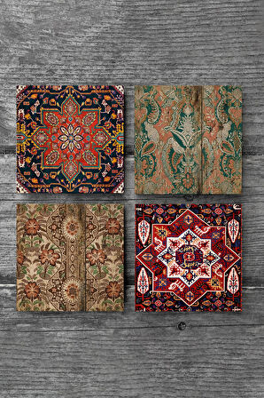 Vintage Desen Taş Bardak Altlığı Masaüstü Koruyucu Altlık 4 Parça Set 10x10cm Stone Coasters