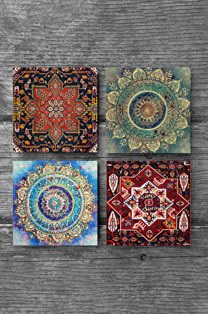 Mandala, Desen Taş Bardak Altlığı Masaüstü Koruyucu Altlık 4 Parça Set 10x10cm Stone Coasters