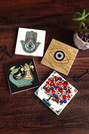 Nazar, Şahmeran, Nar Ağacı, Fatma Ana Eli (Hamsa) Taş Bardak Altlığı Masaüstü Koruyucu Altlık 4 Parça Set 10x10cm Stone Coasters