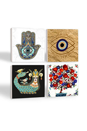 Nazar, Şahmeran, Nar Ağacı, Fatma Ana Eli (Hamsa) Taş Bardak Altlığı Masaüstü Koruyucu Altlık 4 Parça Set 10x10cm Stone Coasters