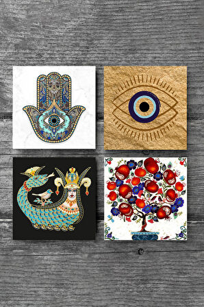 Nazar, Şahmeran, Nar Ağacı, Fatma Ana Eli (Hamsa) Taş Bardak Altlığı Masaüstü Koruyucu Altlık 4 Parça Set 10x10cm Stone Coasters