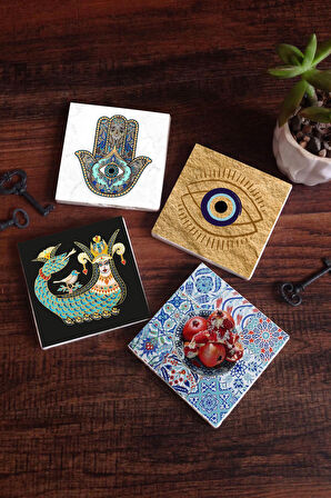Nazar, Şahmeran, Nar, Fatma Ana Eli (Hamsa) Taş Bardak Altlığı Masaüstü Koruyucu Altlık 4 Parça Set 10x10cm Stone Coasters