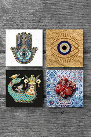 Nazar, Şahmeran, Nar, Fatma Ana Eli (Hamsa) Taş Bardak Altlığı Masaüstü Koruyucu Altlık 4 Parça Set 10x10cm Stone Coasters