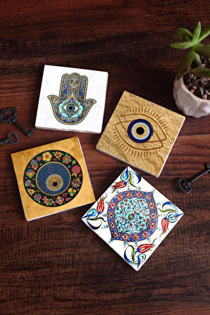 Nazar, Çini Sanatı, Fatma Ana Eli (Hamsa) Taş Bardak Altlığı Masaüstü Koruyucu Altlık 4 Parça Set 10x10cm Stone Coasters