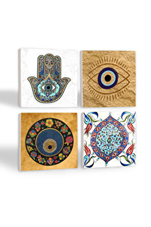 Nazar, Çini Sanatı, Fatma Ana Eli (Hamsa) Taş Bardak Altlığı Masaüstü Koruyucu Altlık 4 Parça Set 10x10cm Stone Coasters