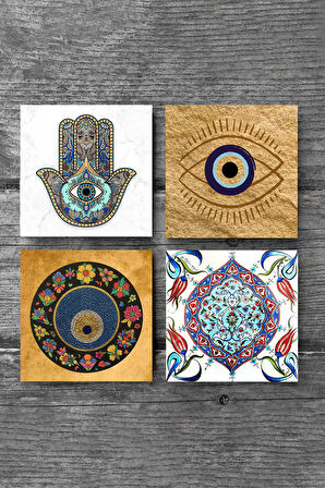 Nazar, Çini Sanatı, Fatma Ana Eli (Hamsa) Taş Bardak Altlığı Masaüstü Koruyucu Altlık 4 Parça Set 10x10cm Stone Coasters