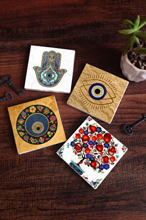 Nazar, Nar Ağacı, Fatma Ana Eli (Hamsa) Taş Bardak Altlığı Masaüstü Koruyucu Altlık 4 Parça Set 10x10cm Stone Coasters