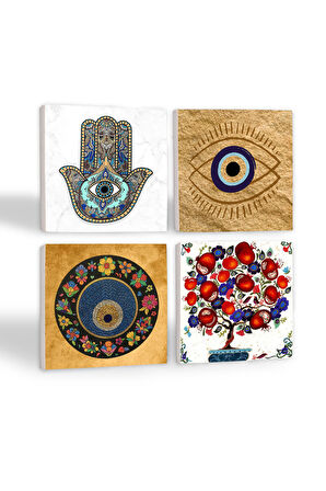 Nazar, Nar Ağacı, Fatma Ana Eli (Hamsa) Taş Bardak Altlığı Masaüstü Koruyucu Altlık 4 Parça Set 10x10cm Stone Coasters
