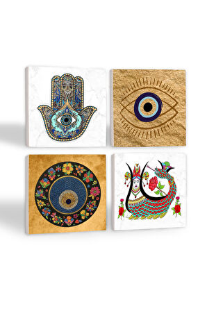 Nazar, Şahmeran, Fatma Ana Eli (Hamsa) Taş Bardak Altlığı Masaüstü Koruyucu Altlık 4 Parça Set 10x10cm Stone Coasters