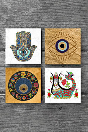 Nazar, Şahmeran, Fatma Ana Eli (Hamsa) Taş Bardak Altlığı Masaüstü Koruyucu Altlık 4 Parça Set 10x10cm Stone Coasters