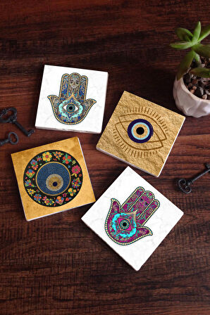 Nazar, Fatma Ana Eli (Hamsa) Taş Bardak Altlığı Masaüstü Koruyucu Altlık 4 Parça Set 10x10cm Stone Coasters
