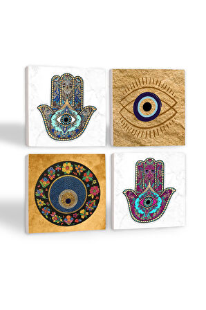 Nazar, Fatma Ana Eli (Hamsa) Taş Bardak Altlığı Masaüstü Koruyucu Altlık 4 Parça Set 10x10cm Stone Coasters