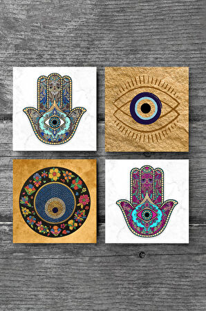 Nazar, Fatma Ana Eli (Hamsa) Taş Bardak Altlığı Masaüstü Koruyucu Altlık 4 Parça Set 10x10cm Stone Coasters