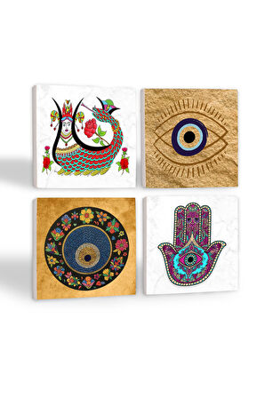 Nazar, Fatma Ana Eli (Hamsa), Şahmeran Taş Bardak Altlığı Masaüstü Koruyucu Altlık 4 Parça Set 10x10cm Stone Coasters