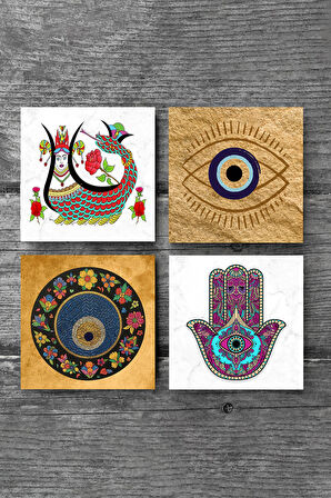 Nazar, Fatma Ana Eli (Hamsa), Şahmeran Taş Bardak Altlığı Masaüstü Koruyucu Altlık 4 Parça Set 10x10cm Stone Coasters