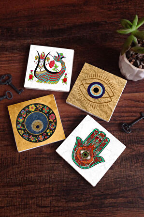Nazar, Fatma Ana Eli (Hamsa), Şahmeran Taş Bardak Altlığı Masaüstü Koruyucu Altlık 4 Parça Set 10x10cm Stone Coasters