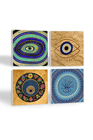 Nazar Taş Bardak Altlığı Masaüstü Koruyucu Altlık 4 Parça Set 10x10cm Stone Coasters