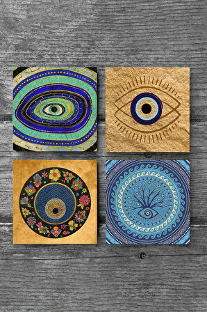 Nazar Taş Bardak Altlığı Masaüstü Koruyucu Altlık 4 Parça Set 10x10cm Stone Coasters