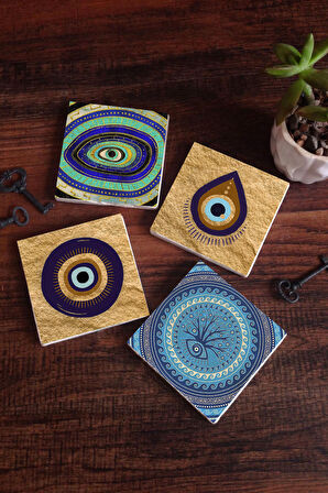 Nazar Taş Bardak Altlığı Masaüstü Koruyucu Altlık 4 Parça Set 10x10cm Stone Coasters