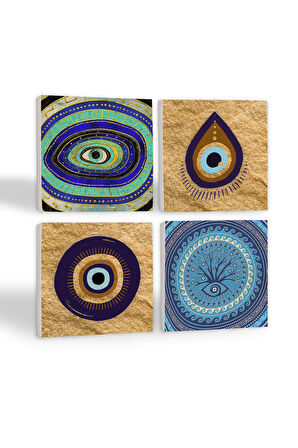 Nazar Taş Bardak Altlığı Masaüstü Koruyucu Altlık 4 Parça Set 10x10cm Stone Coasters