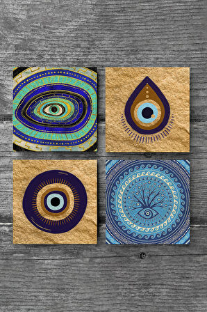Nazar Taş Bardak Altlığı Masaüstü Koruyucu Altlık 4 Parça Set 10x10cm Stone Coasters