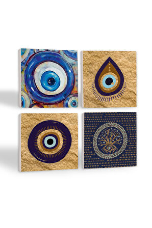 Nazar Taş Bardak Altlığı Masaüstü Koruyucu Altlık 4 Parça Set 10x10cm Stone Coasters