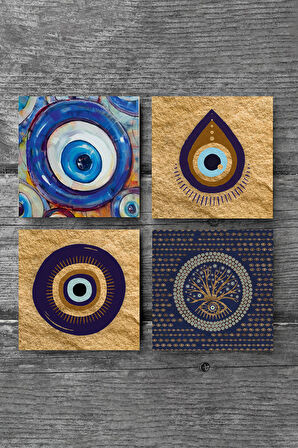 Nazar Taş Bardak Altlığı Masaüstü Koruyucu Altlık 4 Parça Set 10x10cm Stone Coasters