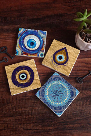 Nazar Taş Bardak Altlığı Masaüstü Koruyucu Altlık 4 Parça Set 10x10cm Stone Coasters