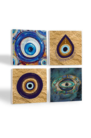 Nazar Taş Bardak Altlığı Masaüstü Koruyucu Altlık 4 Parça Set 10x10cm Stone Coasters