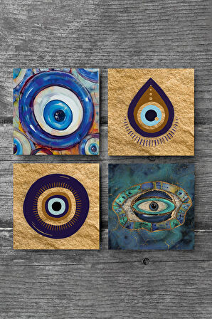 Nazar Taş Bardak Altlığı Masaüstü Koruyucu Altlık 4 Parça Set 10x10cm Stone Coasters