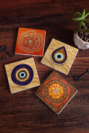 Nazar, Sri Yantra Taş Bardak Altlığı Masaüstü Koruyucu Altlık 4 Parça Set 10x10cm Stone Coasters